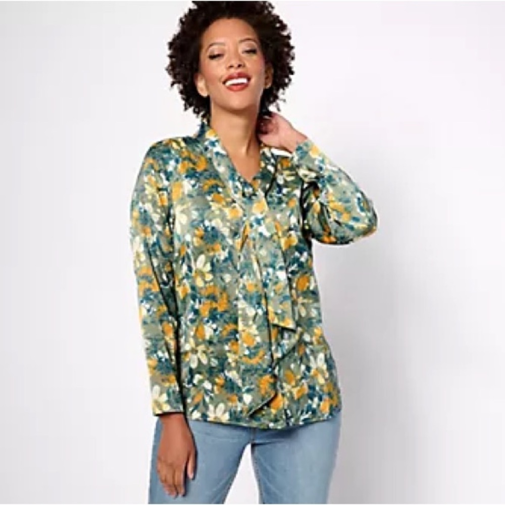 Denim&Co Green and Yellow Floral Blouse